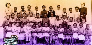 The "Walker Walkouts" of the South Park boycott school were taught by teachers Corinthian Nutter (back left) and Hazel McCray-Weddington (back right) during the 1948-49 school year. The lead plaintiffs in the Webb v. School District 90 lawsuit are pictured as well: Harvey Webb, Alfonso Jr. Webb, Shirley Turner, Norbert Turner, Delores Locke-Graves (Gay) and Patricia Black.