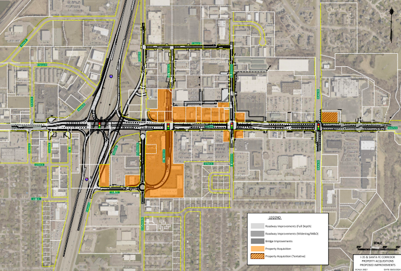 The land acquisition map for corridor improvements along I-35 and Santa Fe St.