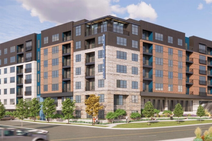 A conceptual rendering of apartments and retail proposed at 8036 Metcalf Ave. Image via Overland Park planning documents.